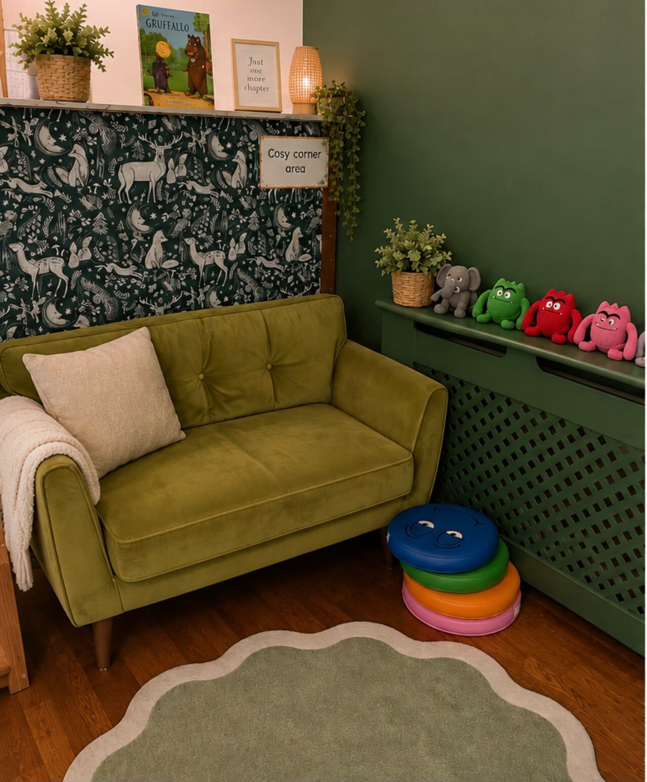 The cosy corner — a soft green sofa with cushions and a throw beside the book display